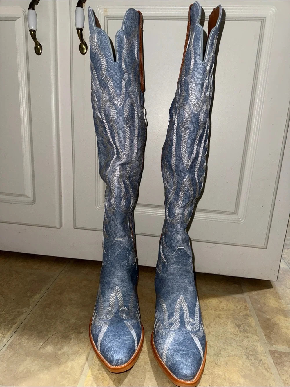 Women’s Blue Embroidered Western Knee-High Boots